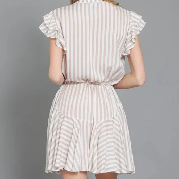 NWOT Tan & White Striped Ruffle Sleeve Shirt Dress - Picture 6 of 10